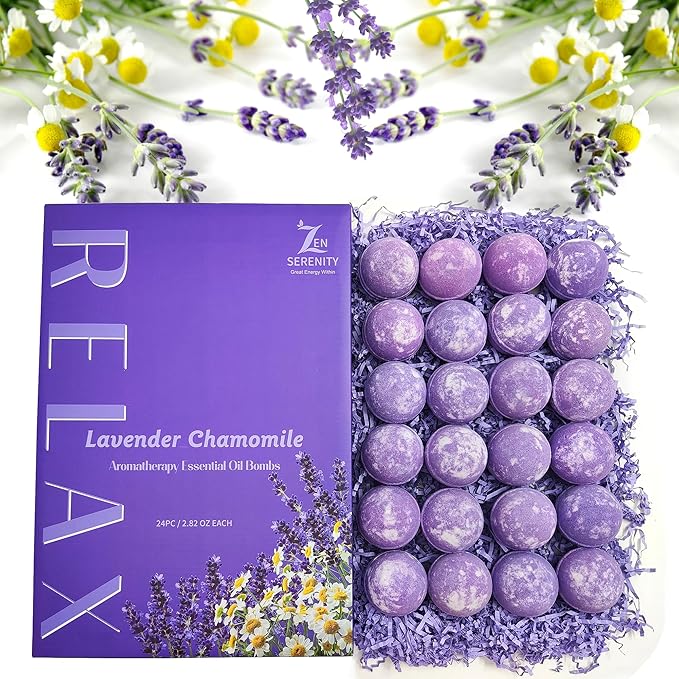 Zen's 24-Piece Lavender & Chamomile Bath Bombs for Women Men & Kids. Handmade, Natural & Organic for a Relaxing Bath Gift Set Lavender Essential Oil