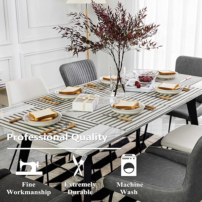 Home Brilliant Farmhouse Placemats Set of 6 Heat Resistant Dining Table Mats for Kitchen Table, 13 x 19 inches, Stripes, Grey and Beige