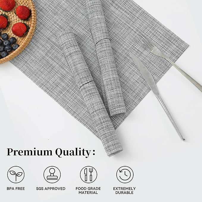 Leetaltree Linen Grey Placemats Set of 12 - Heat Resistant Non-Slip Place mats for Dining Table, Washable Durable PVC Vinyl Woven Table Mats(Linen Grey, 12)