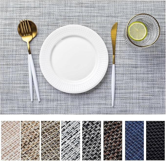 LEXMORE PVC Woven Placemats 8 PCS Wipeable Indoor/Outdoor Table Mats Washable Vinyl Place Mats for Dining Table, Set of 8-Gray