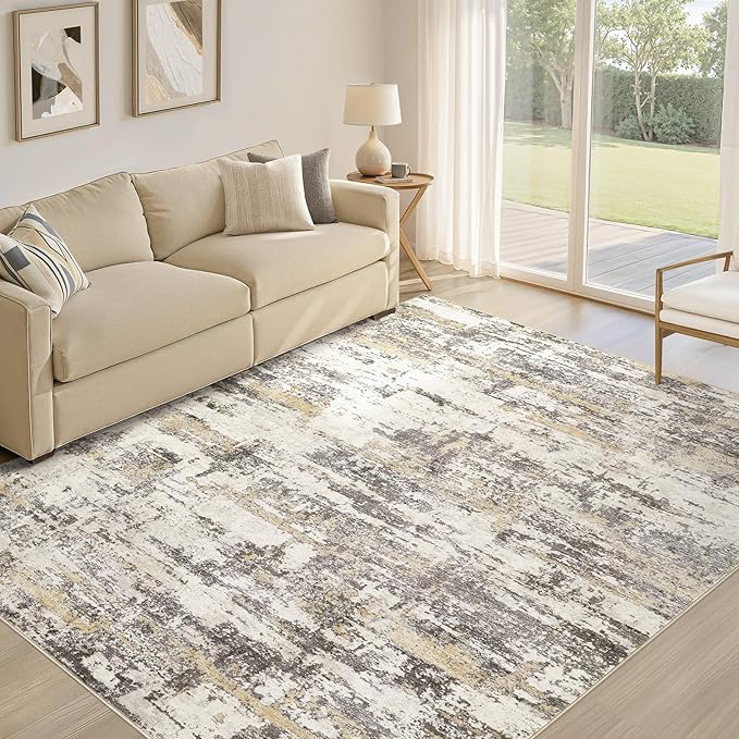 Area Rugs for Living Room: 5x7 Thickened Abstract Washable Rug Modern Neutral Soft Stain Resistant Non-Slip Backing Carpet for Bedroom Dining Room Indoor Home Office - Gold Brown