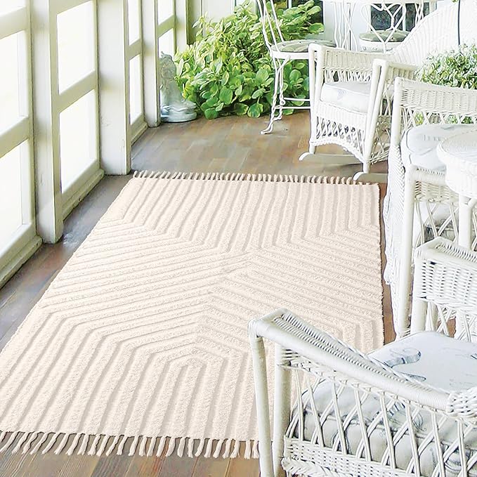 Boho Rugs for Living Room 4x6, Farmhouse Cotton Area Rug for Bedroom, Washable Tufted Indoor Floor Carpet for Kitchen Dorm Office Dining Room Office Home Decor,Light Linen