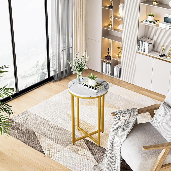 DKLGG Modern Gold Side Table Set of 2, Small Coffee Table Round End Table with Gold Frame, Marble Side Table Bedside Table for Living Room, Bedroom, Small Space, 16" D*24" H