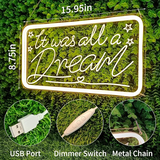It Was All A Dream Neon Signs For Wall Decor, Neon Light Signs for Bedroom Club Office Hotel Cafe Dream Neon Lights Wedding Birthday Party,Room Decor, Aesthetic Room Decor, Living Room