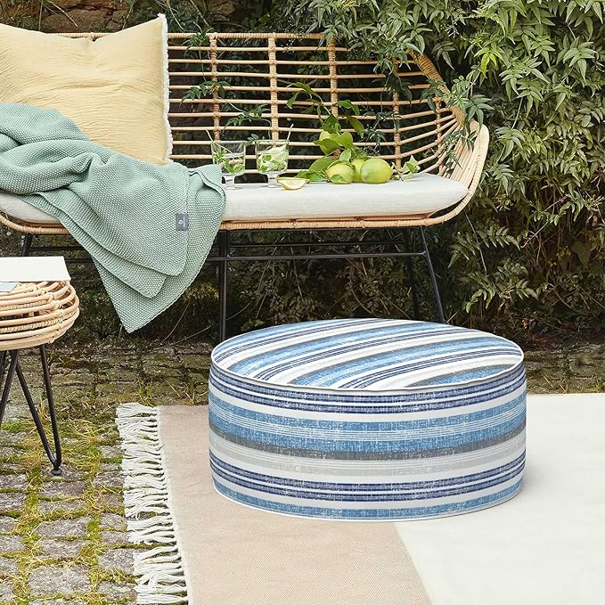 LVTXIII Inflatable Stool Ottoman Footrest with Handle, Decorative Fade-Resistant Foot Stool, Indoor or Outdoor Pouf for Home Garden and Camping Use, D21 x W 21 x H9, Stripe Layered Blue