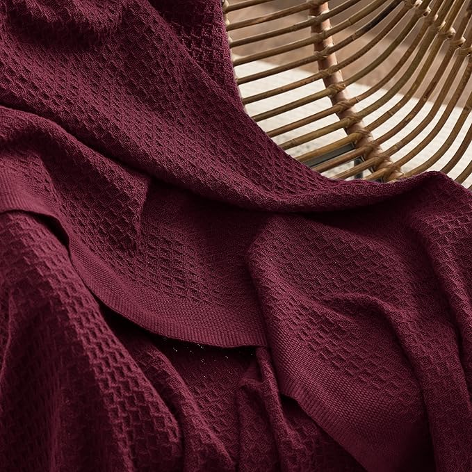 Bedsure 100% Cotton Blanket King Size for Bed - Breathable and Soft, Waffle Weave Blanket for Summer Spring, Burgundy Red, 104x90 inches