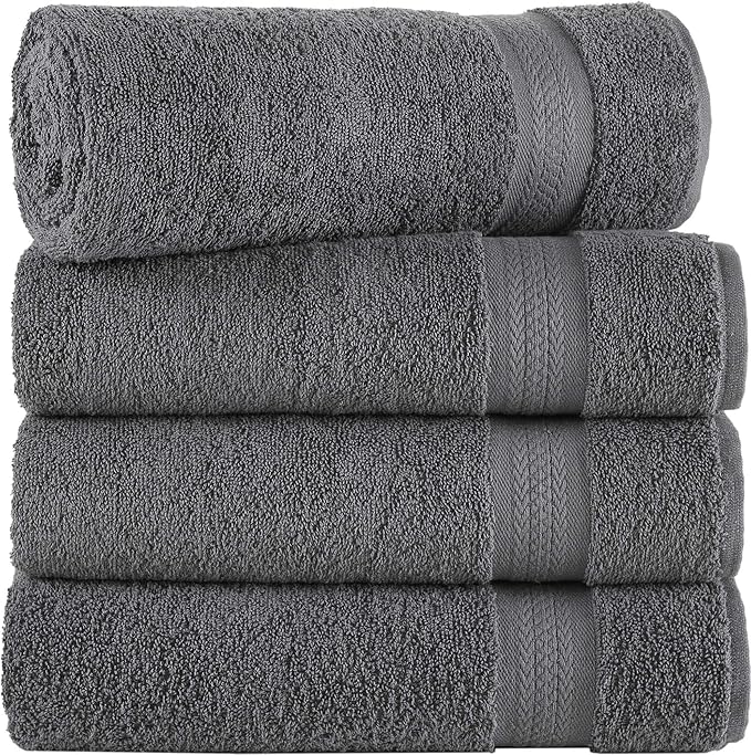 REGAL RUBY 4 Pack Grey Bath Towels Quick-Dry High Absorbent 100% Turkish Cotton Towel for Bathroom, Guests, Pool, Gym, Camp, Travel, College Dorm, Shower