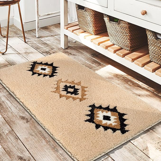 DEXDE Boho Bathroom Rugs 20x32, Luxury Soft Absorbent Bath Mat Non Slip Moroccan Geometric Bath Rugs Carpet for Bathroom Shower Kitchen Entryway Farmhouse Neutral Decor, Cream Beige
