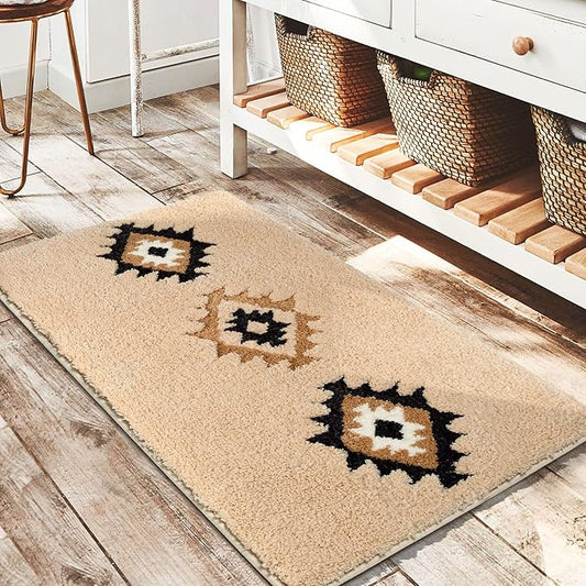 DEXDE Boho Bathroom Rugs 20x32, Luxury Soft Absorbent Bath Mat Non Slip Moroccan Geometric Bath Rugs Carpet for Bathroom Shower Kitchen Entryway Farmhouse Neutral Decor, Cream Beige