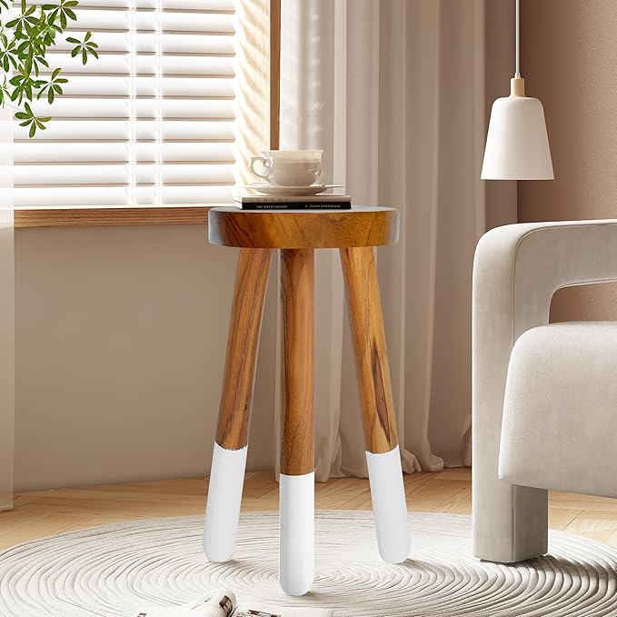 Teak 11.8” Round Dip Dyed Teak Stool | Wood Accent Side Table | Wood Plant Stand (20" Tall)