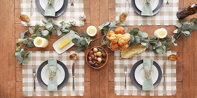 DII Heavyweight Fringed Check Tabletop Collection, Placemat Set, 13x19, Stone Brown, 6 Piece