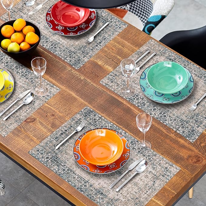 Grey Brown Ethnic Boho Placemats Set of 4 Bohemian Carpet Vintage Gray Linen Washable Kitchen Dining Table Mats Stain Heat-Resistant Desktop Decor Place Mats for Home Party Indoor 12x18 in