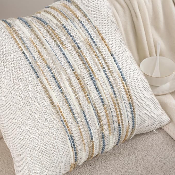 Tosleo Decorative Throw Pillow Covers 18x18 inch Set of 2 Boho Chenille Tufted Pillow Cover Textured Pillow Covers Striped Pillow Cases Accent Pillow Cases Farmhouse Cushion Case,Yellow and Blue