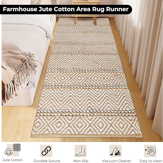 Bedding Craft Jute Cotton Stripe Area Rug Runner for Living Room 24x72 Inch - Natural Ivory - Machine Washable 2x6 Feet Rugs - 70% Jute and 30% Cotton