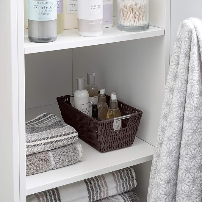 Simplify 11"x6.5"x4.5" Small Shelf Storage Woven Basket with Handles, Nursery, Playroom, Toys, Bedroom, Closet, Clothes, Office, Decorative Rattan Totes, Chocolate