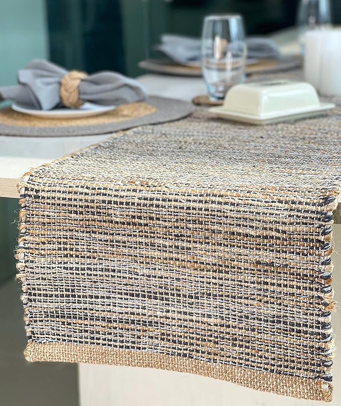 Chardin home Natural Jute Table Runner 13x108 Inch – Vintage Boho Rustic Table Decor – Handwoven Jute Table Runner in Natural and Grey – Farmhouse Dining or Console Table Accent