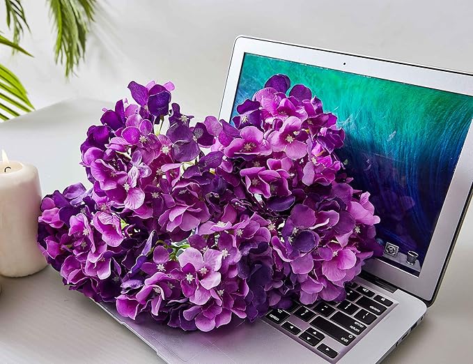 Artificial Hydrangea Flower Heads 10 Dark Purple Hydrangea Silk Flowers Head for Wedding Centerpieces Bouquets DIY Floral Decor Home Decoration with Long Stems