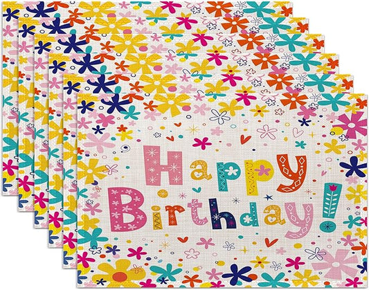 Happy Birthday Placemats Set of 6,Washable Heat Resistant 12×18 Inch Linen Table Mats Birthday Party Place Mats for Party Outdoor Dining Décor
