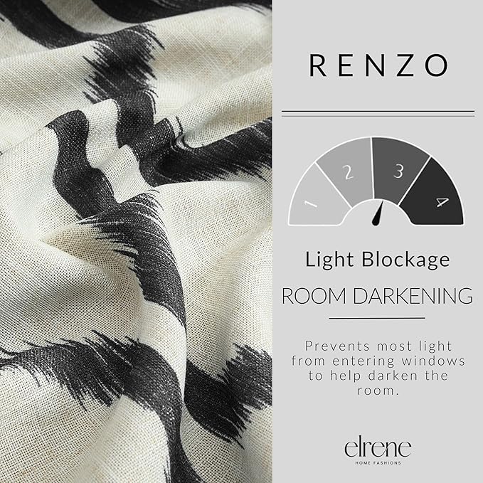 Elrene Home Fashions Renzo Ikat Geometric Room-Darkening Window Curtain, Living Room and Bedroom Drape with Grommets, 52"x95", 1 Panel, Black