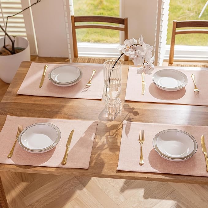 Demetex Pink Placemats Set of 4 Heat Resistant Linen Plate Mats Wipeable Cloth Place Mats for Dining Tables Restaurants, 13 x 19 inches, Pink