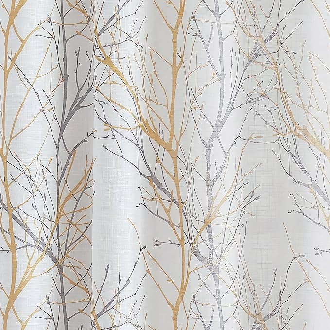 FMFUNCTEX Linen Semi Sheer Curtains for Bedroom, Yellow White Curtains 108 Inches Long for Living Room, Grey Tree Branch Print Curtain Light Filtering Extra Long Window Drapes, Grommet Top 2 Panels