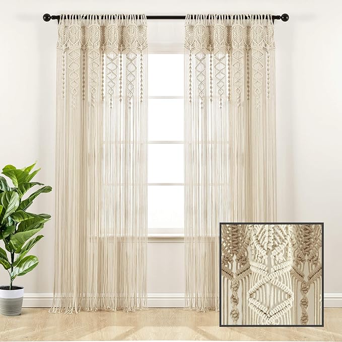 Lush Decor Boho Macrame Textured Cotton Window Curtain Panel, Single Panel, 40" W x 84" L, Neutral - Doorway Curtain - Room Divider, Wedding Or Wall Decor - Boho Curtain - Macrame Curtains For Windows