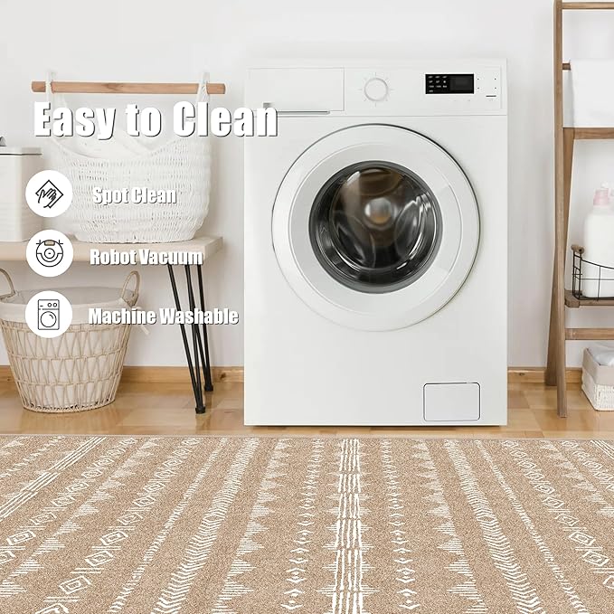 Large Area Rug 8x10 Living Room, Machine Washable 8 x 10 Rug Boho Moroccan Farmhouse Style, Ultra Soft Neutral Indoor Carpet for Bedroom Dining Room Playroom Office, Coffee