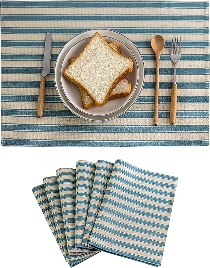 Home Brilliant Table Mats Set of 6 Heat Resistant Dining Placemats for Kitchen Table Farmhosue Rustic, 13 x 19 inches, Stripes, Teal(Aqua Sea Blue)