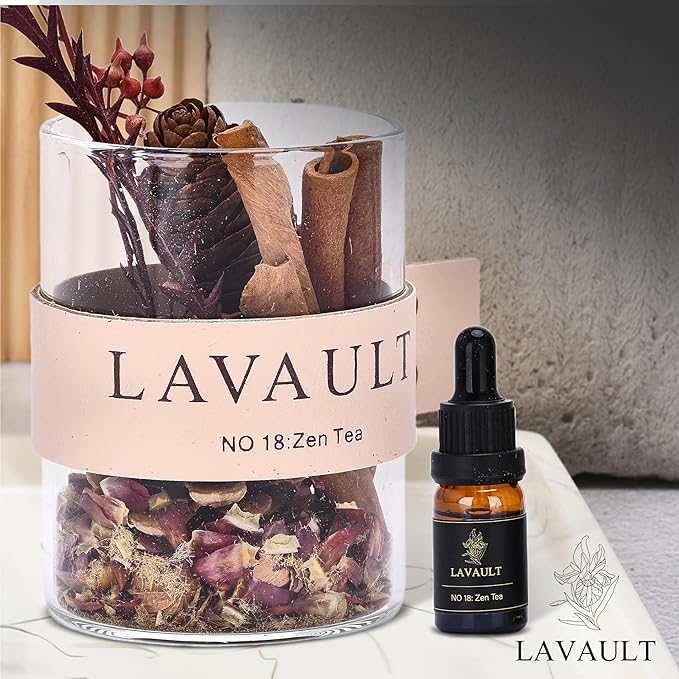 Scented Diffuser - Glass Jar with Dried Herbs and Flower - Reed Diffuser Set - Long-Lasting Fragrance and Relaxing - Bathroom Fragrance Diffuser - Zen Tea Scent