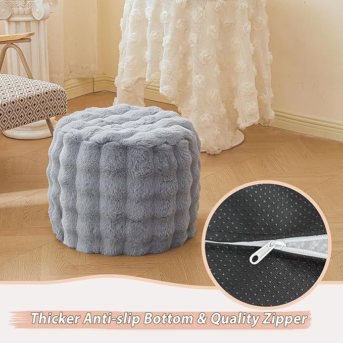 LIFEREVO Faux Rabbit Fur Round Inflatable Pouf Ottoman, 20" X 16" Shaggy Waffle Bubble Floor Poufs Foot Rest Living Room Bedroom, Furry Pouf Chair Foot Stool Couch Home Decor, Anti-Slip, Light Grey