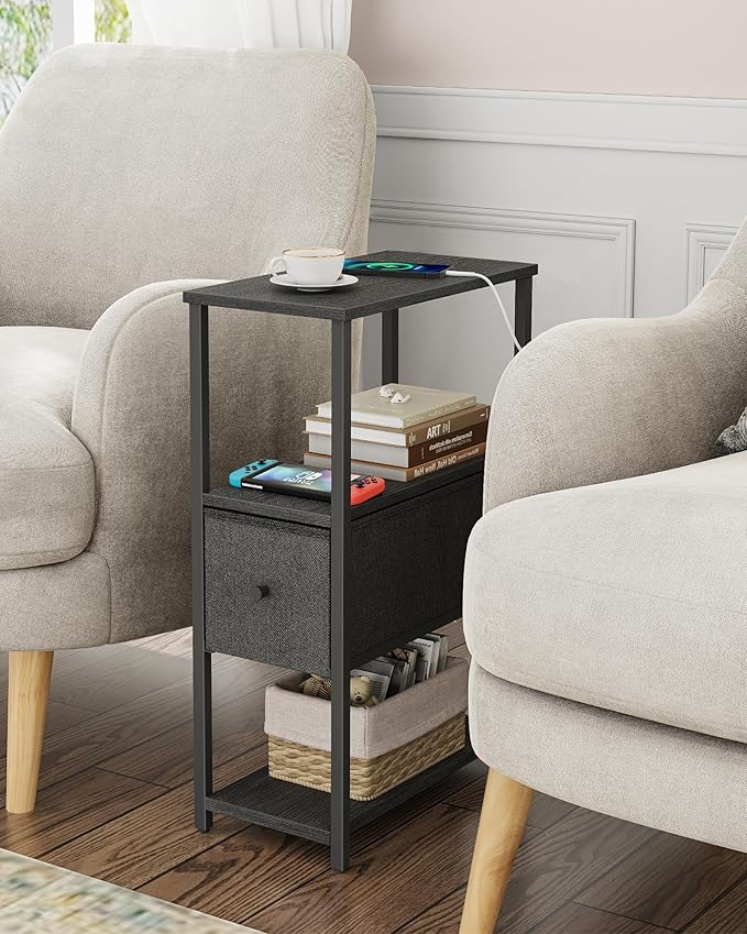 TUTOTAK Set of 2 Small Narrow End Table, Side Table, Nightstand with Cloth Drawer, Couch Table, for Living Room, Bedroom, Bedside, Black TB01BK057