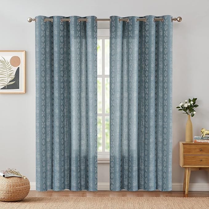 jinchan Boho Curtainsfor Living Room Blue Farmhouse Boho Curtains 84 Inches Long Geometric Striped Mudcloth Light Filtering Bedroom Window Grommet Curtains 2 Panels Blue on Beige