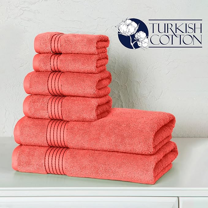 Elegant Comfort Premium Cotton 6-Piece Towel Set, Includes 2 Washcloths, 2 Hand Towels and 2 Bath Towels, 100% Turkish Cotton - Highly Absorbent and Super Soft Towels for Bathroom, Coral