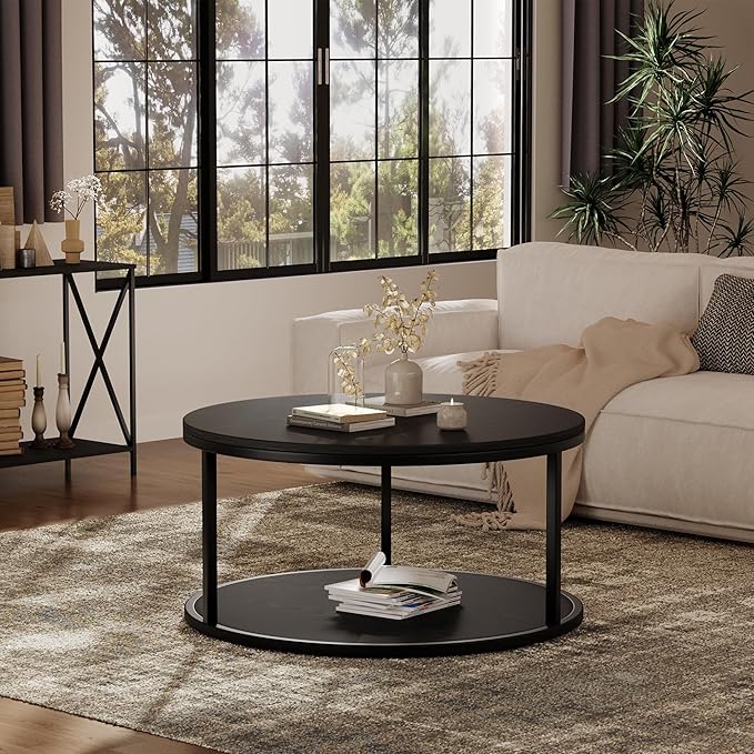 JUMMICO 36" Coffee Tables with Storage, 2-Tier Round Coffee Table, Center Table for Living Room, Furniture for Small Spaces, Black