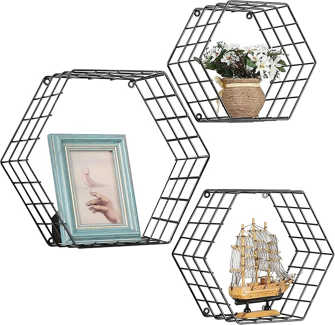 MyGift Black Metal Wall Mounted Crystal Display Shelf, Modern Wire Decorative Floating Shelves for Bedroom Living Room Office, Set of 3