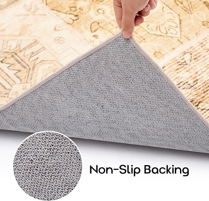 Boho Kitchen Rug Washable,4x6 Non Slip Small Area Rug for Bathroom Bedroom Indoor Entrway Ultra Thin Fit Under Door,Light Tan Beige Brown and Blush Pink Green