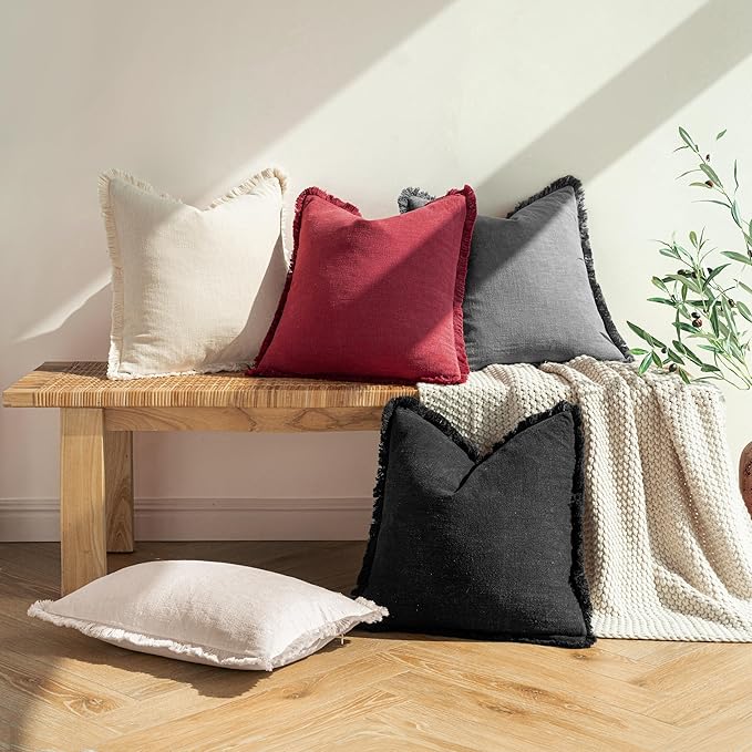 MIULEE Decorative Throw Pillow Covers Neutral Linen Fringe Throw Pillows Set of 2 Burgundy Boho Farmhouse Cushion Covers with Tassels for Couch Sofa Bed Living Room Spring Home Decor 18x18 Inch