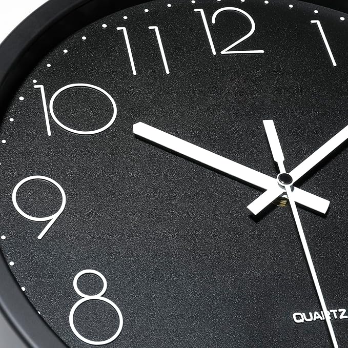 Plumeet 10'' Wall Clock, Bedroom Wall Clocks Battery Operated, Silent Quartz Small Clock Decorate Kitchen Living Room, 3D Numbers Display Easy to Read, Black