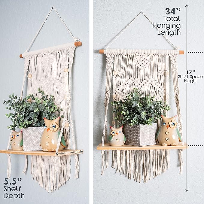 SnugLife Macrame Wall Hanging Shelf - Tier Wall Shelves with Handmade Woven Rope - Boho Shelves Organizer Hanger for Kitchen, Bathroom, Home Storage, Floating Indoor Plant Wall Shelf (1 Tier)