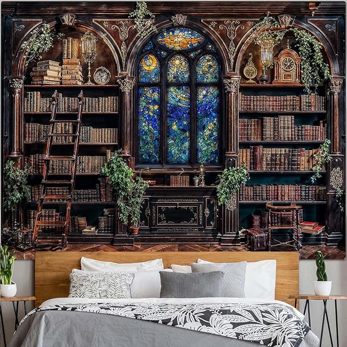 Lunerfex Vintage Bookshelf Library Tapestry Wall Decor Tapestry for Bedroom Art Tapestries Wall Hanging for Bedroom Living Room Bookshelf01 70"x90"