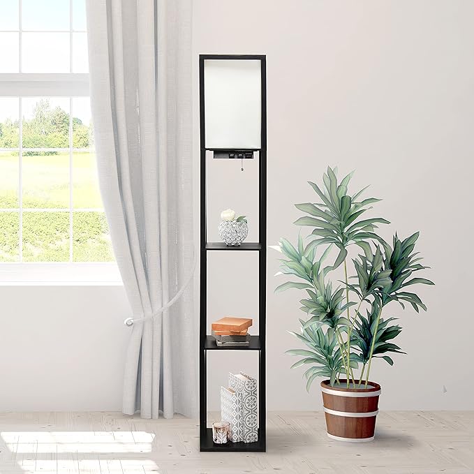 Simple Designs LF1037-BLK Floor Lamp Etagere Organizer Storage Shelf with 2 USB Charging Ports, 1 Charging Outlet and Linen Shade, Black
