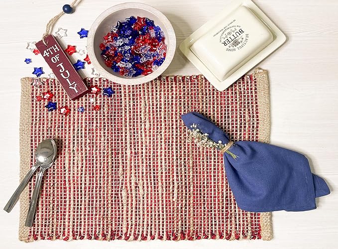 Chardin home | Natural Jute Placemats Set of 4 | 13x19 Inch. Rustic Farmhouse Place mats | Table mats Colors - Natural Jute and Red