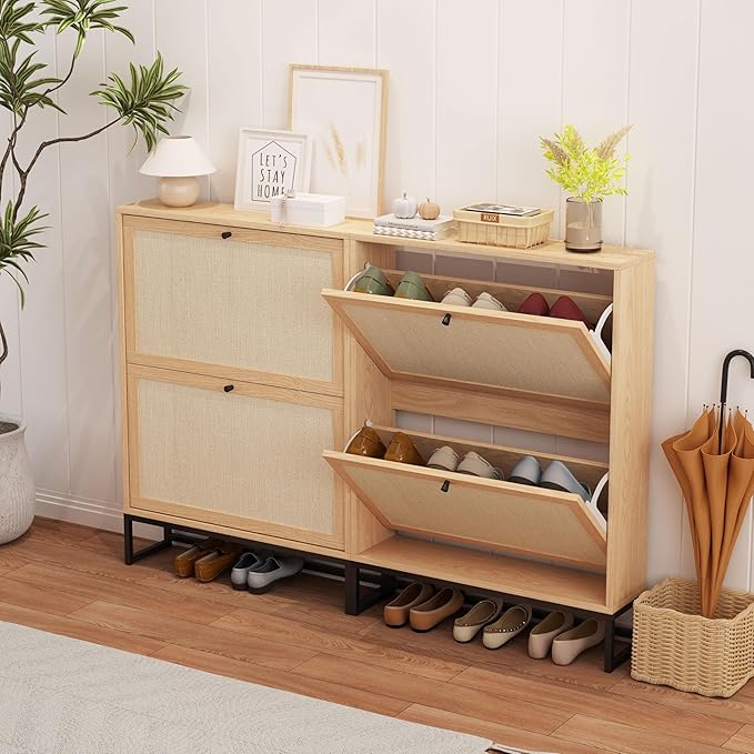 AVZEAR Shoe Cabinet with 2 Flip Drawer Door, Freestanding Shoe Organizer, Shoe Cabinet Storage for Entryway, Shoe Storage Shoe Rack for Closet with Linen Doors Drawer in Hallway, Living Room (Natural)