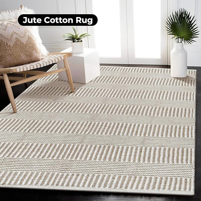 Bedding Craft Jute Cotton Stripe Area Rug for Living Room 48x72 Inch - Natural Ivory - Machine Washable 4x6 Feet Rugs - 70% Jute and 30% Cotton