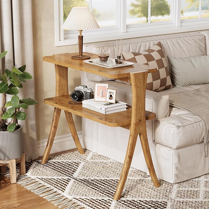 LITTLE TREE Narrow Side Table, 2-Tier Farmhouse End Table with Solid Wood Legs, Small Side Table, Space-Saver for Living Room, Bedroom, Entryway (Light Walnut)