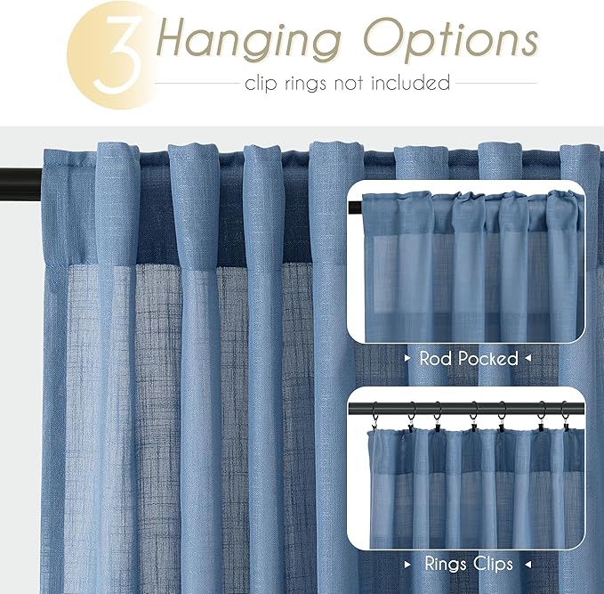 Denim Blue Curtains for Living Room Back Tab Modern Farmhouse Semi Sheer Blue Curtains 102 inches Long 2 Panels Set Muted Neutral Window Curtain for Dining Room Bedroom 52x102