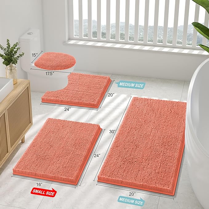 Smiry Luxury Chenille Bathroom Rugs 47x20, Extra Soft and Absorbent Shaggy Bath Mat, Machine Washable, Non-Slip Plush Carpet Runner for Tub, Shower, and Floor, Home Decor Accessories, Coral