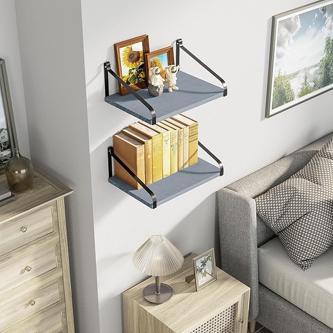 Love-KANKEI Floating Shelves Wall Mount Rustic Wood Wall Shelves with Large Storage L16.5 x W12 inch for Kitchen Living Room Bathroom Bedroom Set of 2 Weathered Grey