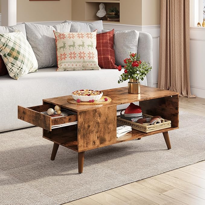 WLIVE Coffee Table, 39.4" Wood Coffee Table with Sliding Top up to 50" TV, Modern Center Table with Open Storage Shelf for Living Room, Bedroom, Rustic Brown