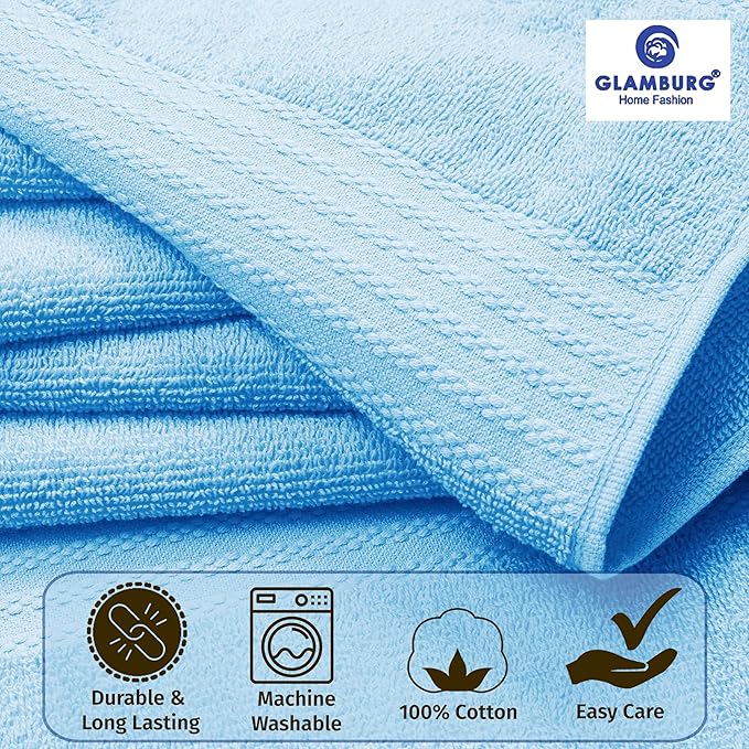GLAMBURG Premium Cotton Oversized 2 Pack Bath Sheet 35x70-100% Pure Cotton - Ideal for Everyday use - Ultra Soft & Highly Absorbent - Machine Washable - Sky Blue